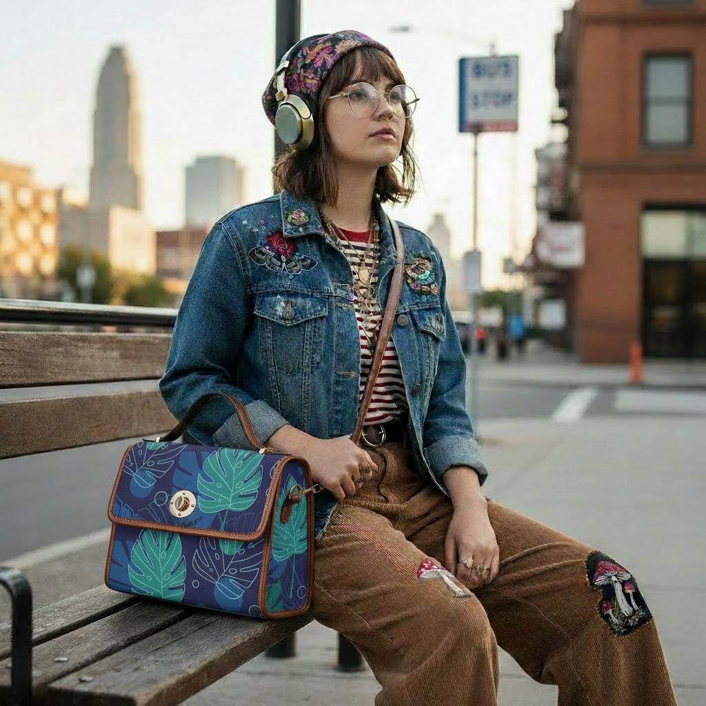 Retro Monstera Botanical Canvas Crossbody Bag – Blue Brown Vintage Style