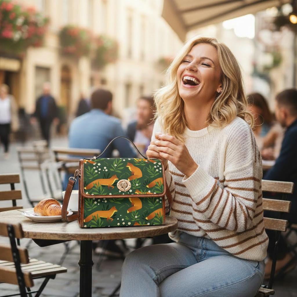 Retro Fox Forest Canvas Crossbody Bag – Green Orange Vintage Style Handbag