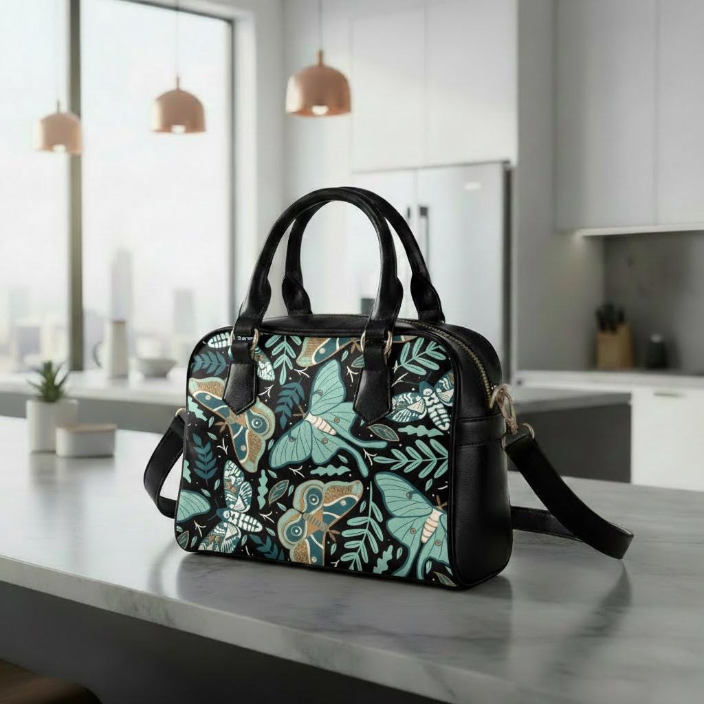 Dark Academia Moths & Moon Shoulder Top Handle Handbag