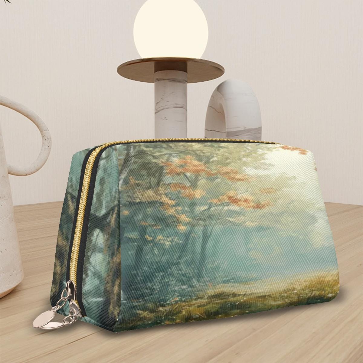 Vintage Autumn Forest Oil Painting Makeup Bag – Moody Faux Leather Travel Cosmetics Case