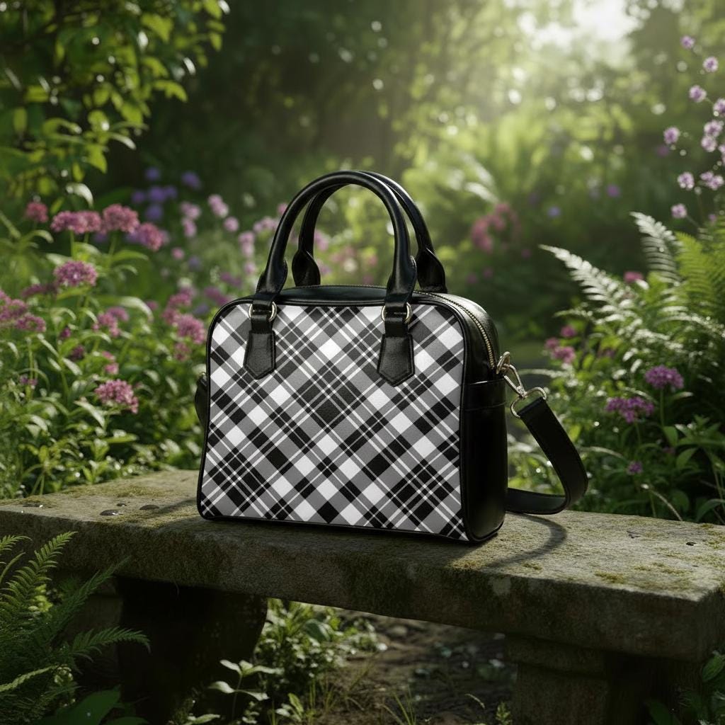 Black White Checkered Shoulder Handbag – Retro 60s Mod Gothic Handbag