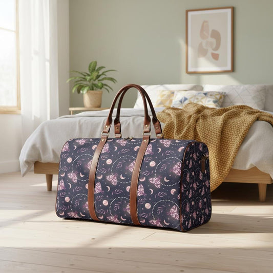 Dark Academia Moths & Moon Travel Bag – Waterproof Black Weekender Duffle