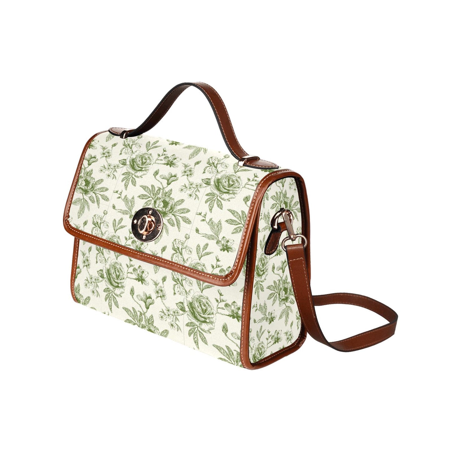 Toile de Jouy Canvas Crossbody Bag – Vintage Eggshell Green Floral Handbag
