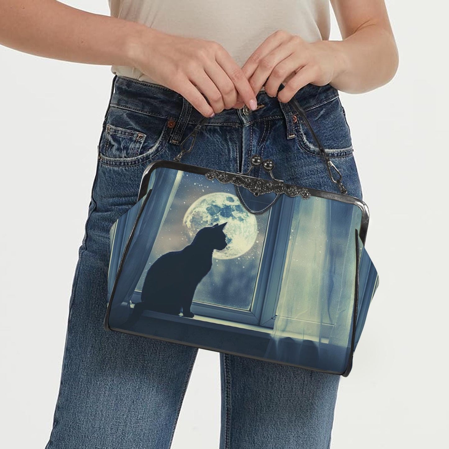 Black Cat Moon Dark Academia Kisslock Bag – Gothic Night Crossbody Handbag