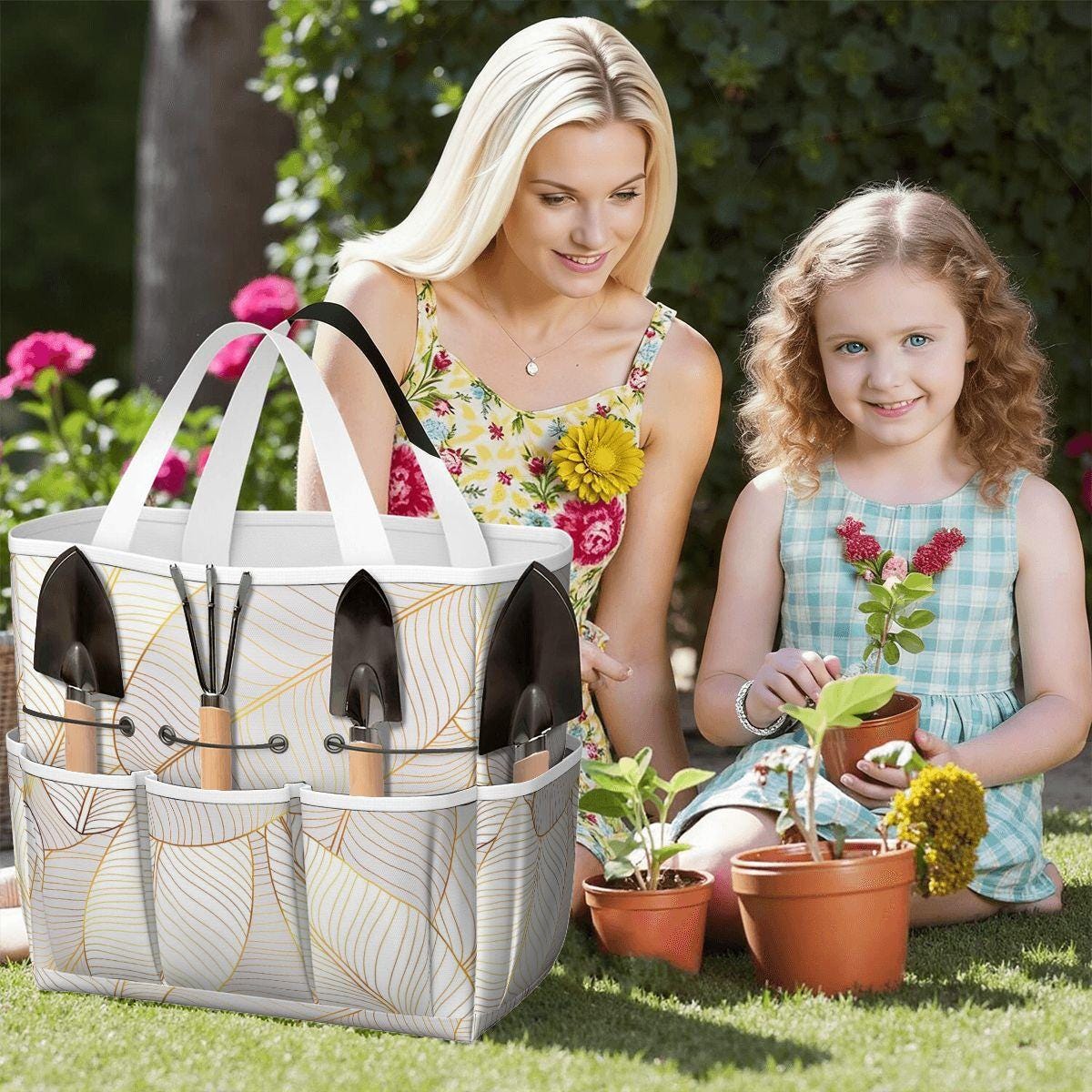 White Gold Leaves Gardening Tool Organizer Bag – Luxury Elegant Gardening Gift
