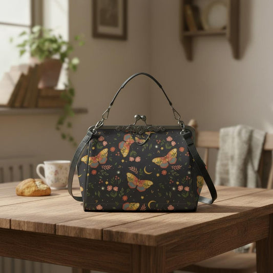Dark Academia Moths Kisslock Handbag – Vintage Style Crossbody Purse