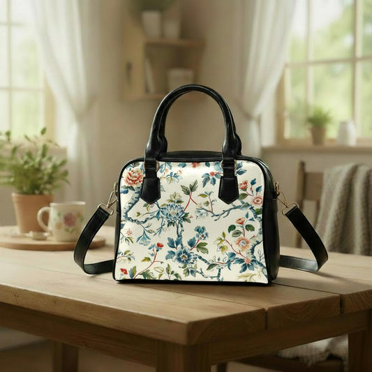 Toile de Jouy Shoulder Handbag – French Vintage Floral Handbag with Top Handle