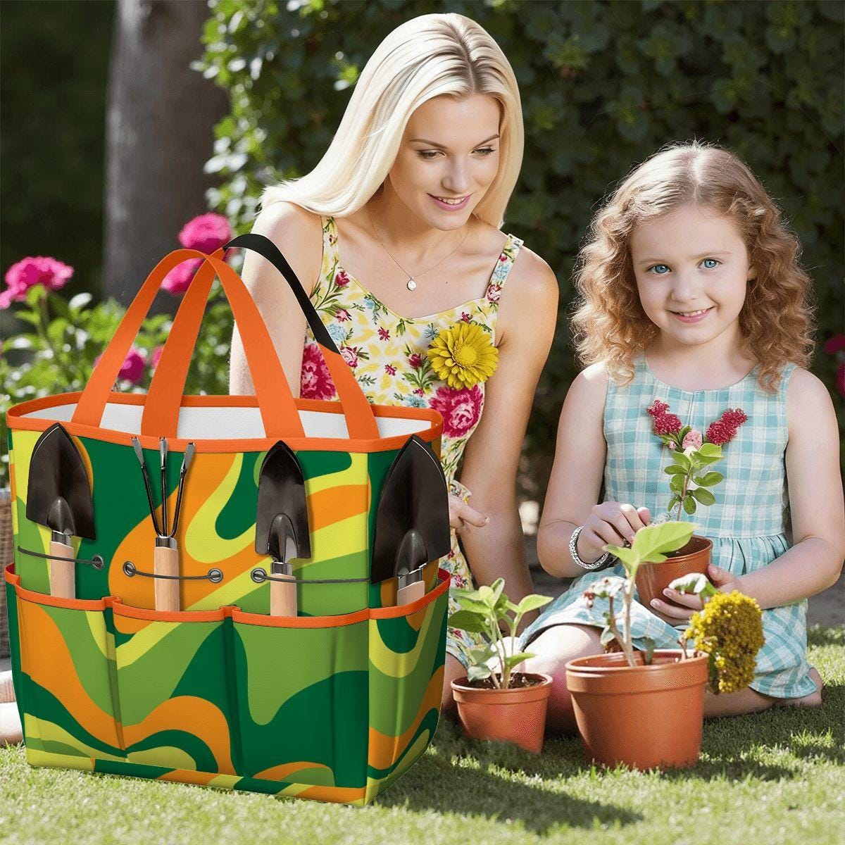 Retro 70s Gardening Tool Organizer Bag – Orange Green Hippie Tote