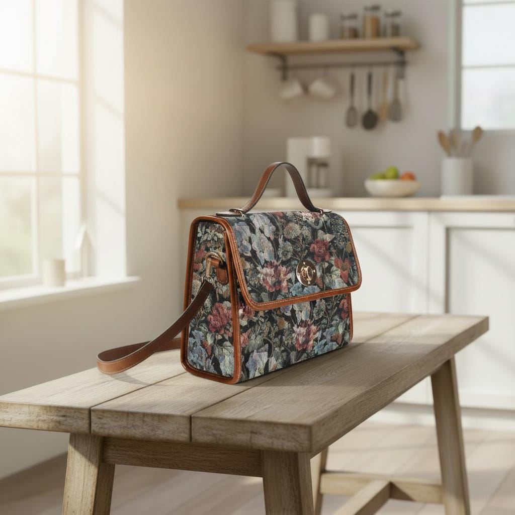 Dark Academia Flowers Canvas Crossbody Bag – Black Red Botanical Handbag