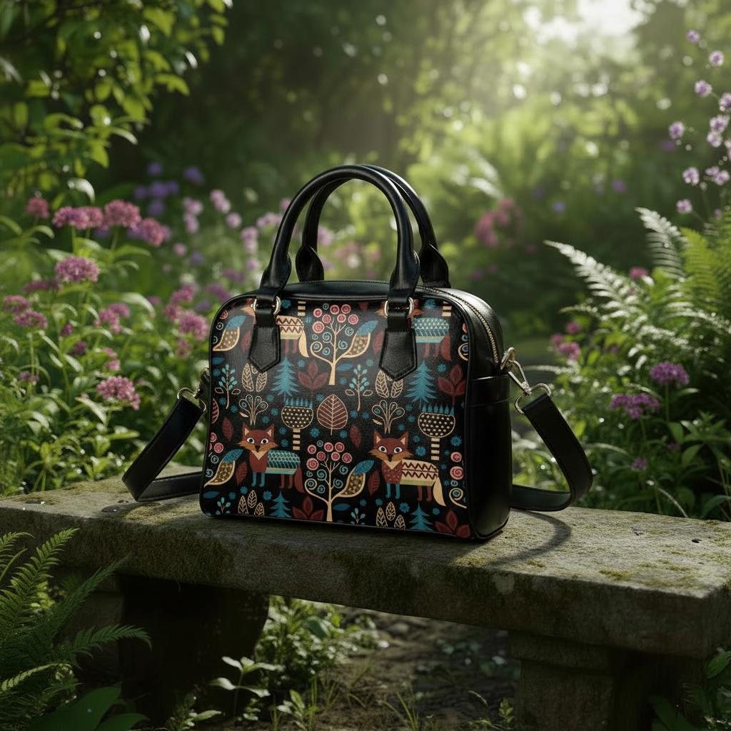 Nordic Folkloric Shoulder Bag – on a garden ledge among green plants