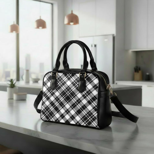 Black White Checkered Shoulder Handbag – Retro 60s Mod Gothic Handbag