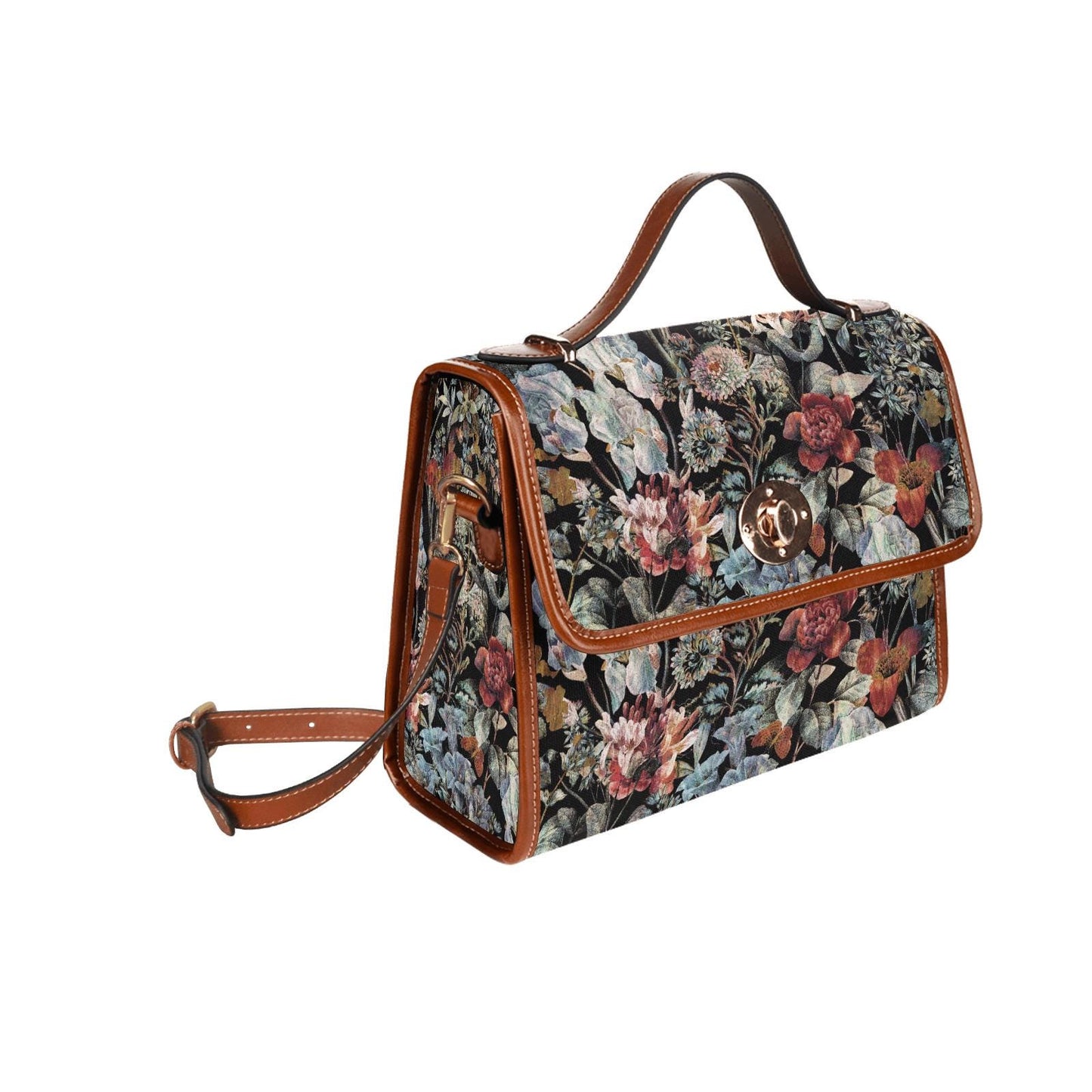 Dark Academia Flowers Canvas Crossbody Bag – Black Red Botanical Handbag