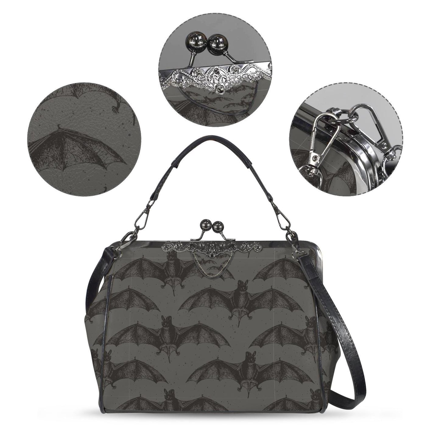 Moody Gothic Bats Kisslock Crossbody Shoulder Bag - Dark Academia Handbag