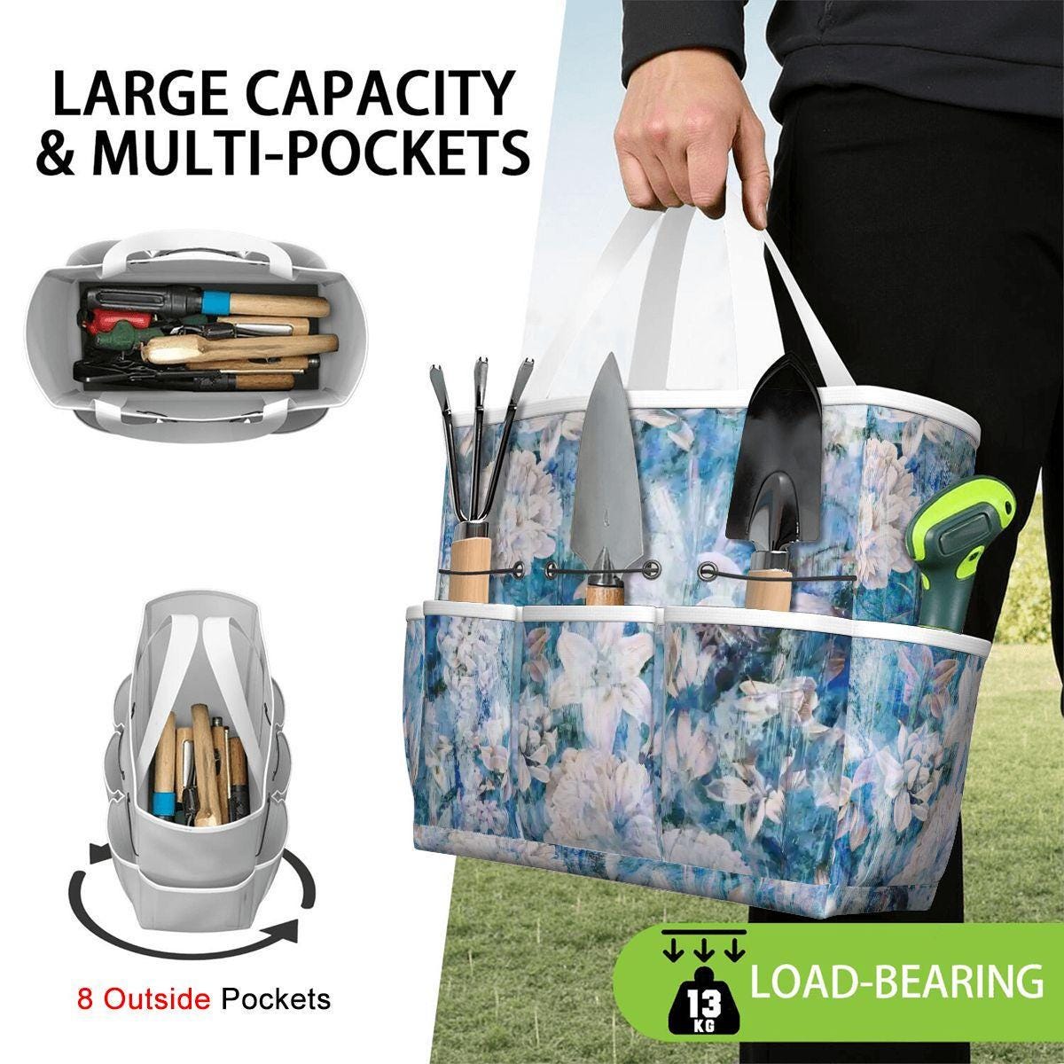 Blue White Flowers Gardening Tool Organizer Bag – French Vintage Look Tote