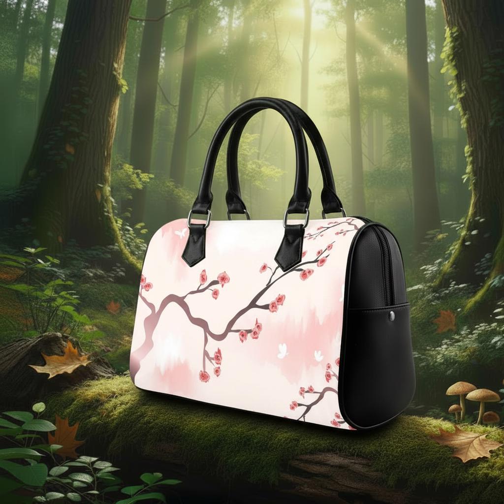 Sakura Branch Japandi Barrel Handbag – Black White Pink Asian Zen Art Purse