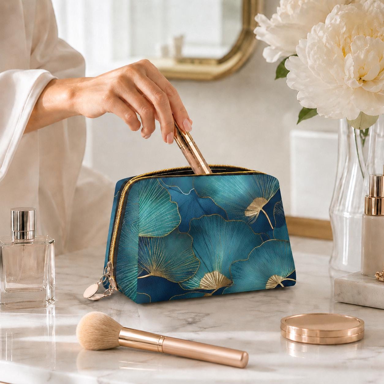 Blue Gold Ginkgo Leaf Makeup Bag – Botanical Faux Leather Travel Cosmetics Case