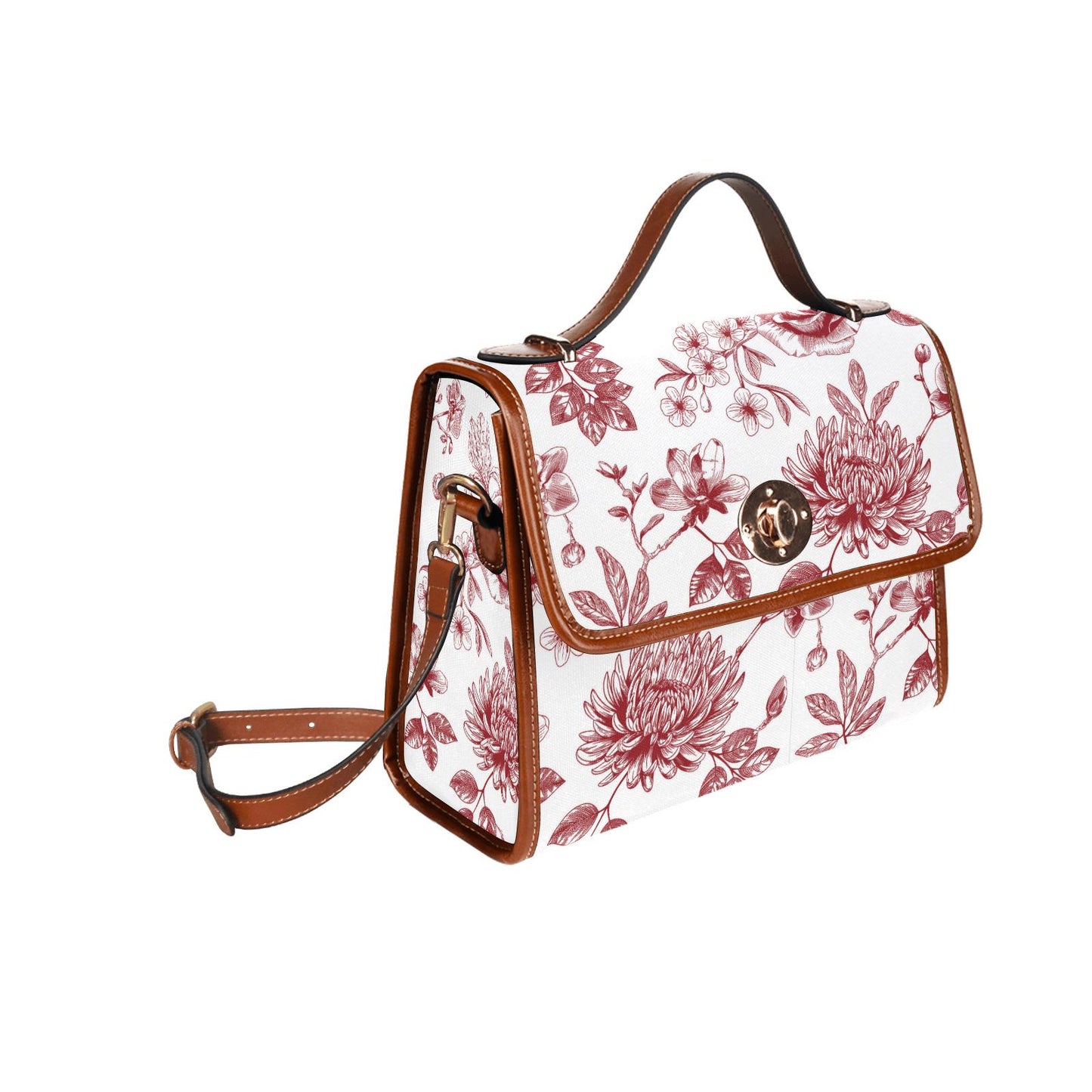 Toile de Jouy Canvas Crossbody Handbag – Vintage White Red Floral Top Handle Bag
