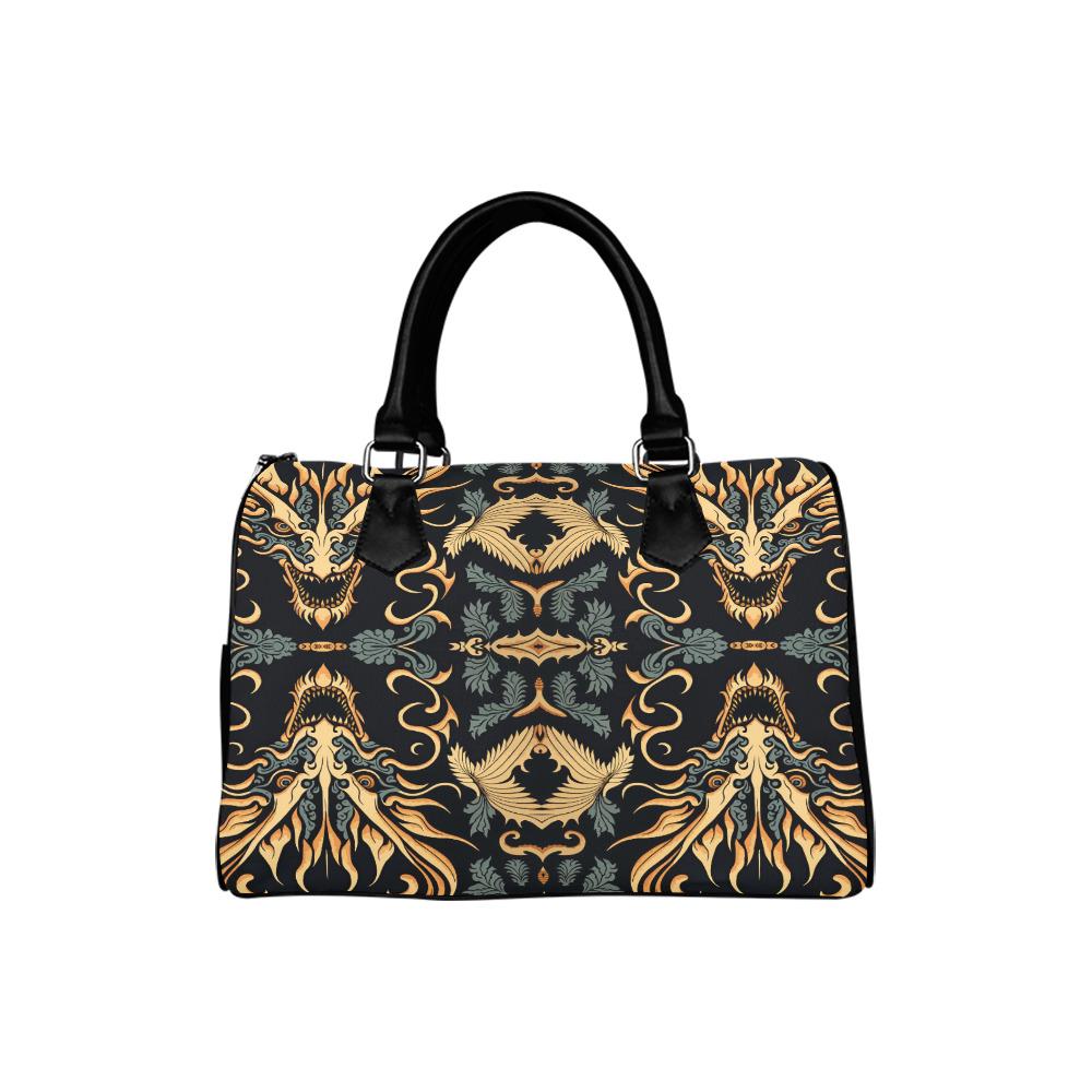 Asian Dragon Print Barrel Handbag – Black Gold Everyday Bag