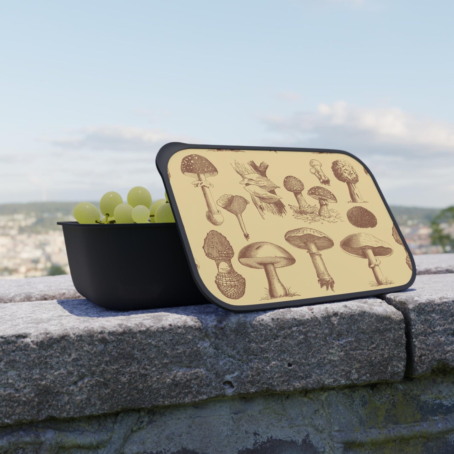Vintage Mushroom Print Eco Bento Box: Botanical Bioplastic Lunch Kit