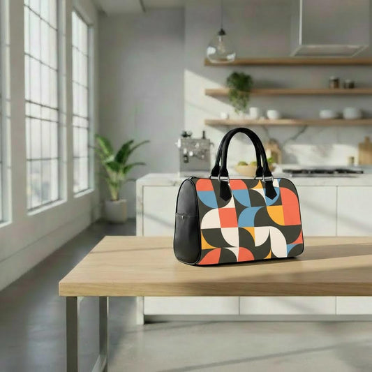 Retro 60s Geometric Print Barrel Handbag – Midcentury Mod Everyday Purse