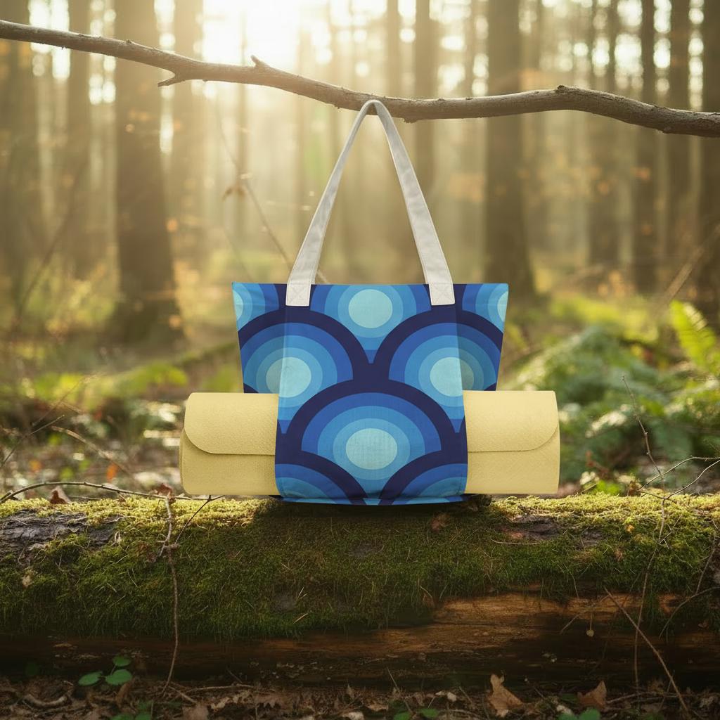 Blue Retro 70s Yoga Mat Tote with Mat Holder – Cotton Linen Gym & Pilates Bag