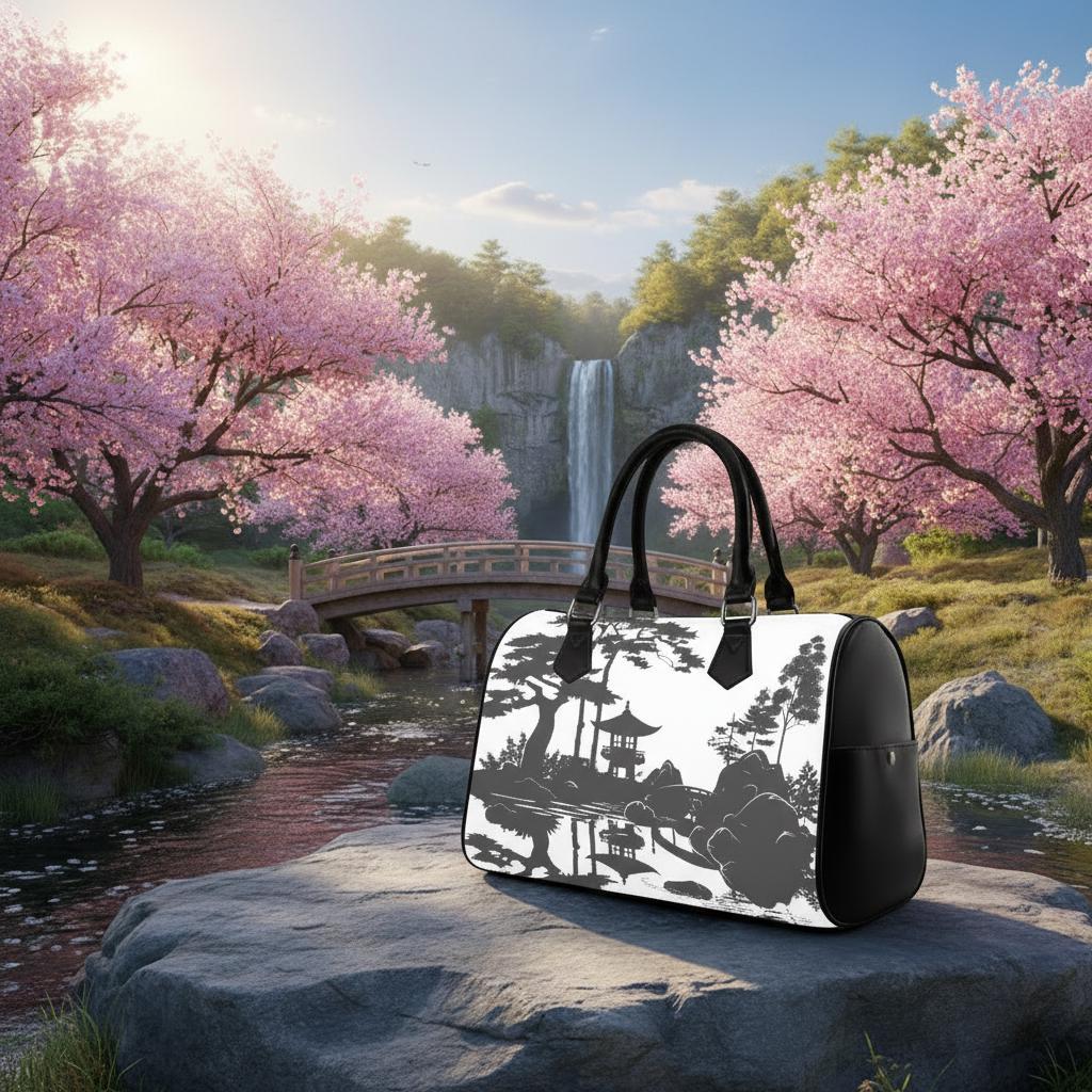 Asian Ink Pagoda Barrel Handbag – Black White Zen Art Wabisabi Purse