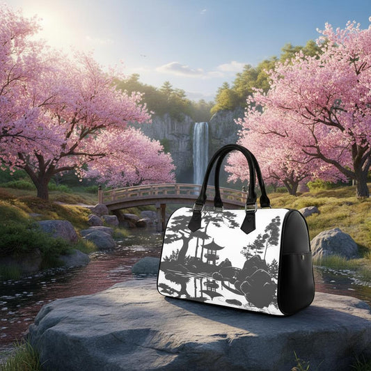 Asian Ink Pagoda Barrel Handbag – Black White Zen Art Wabisabi Purse