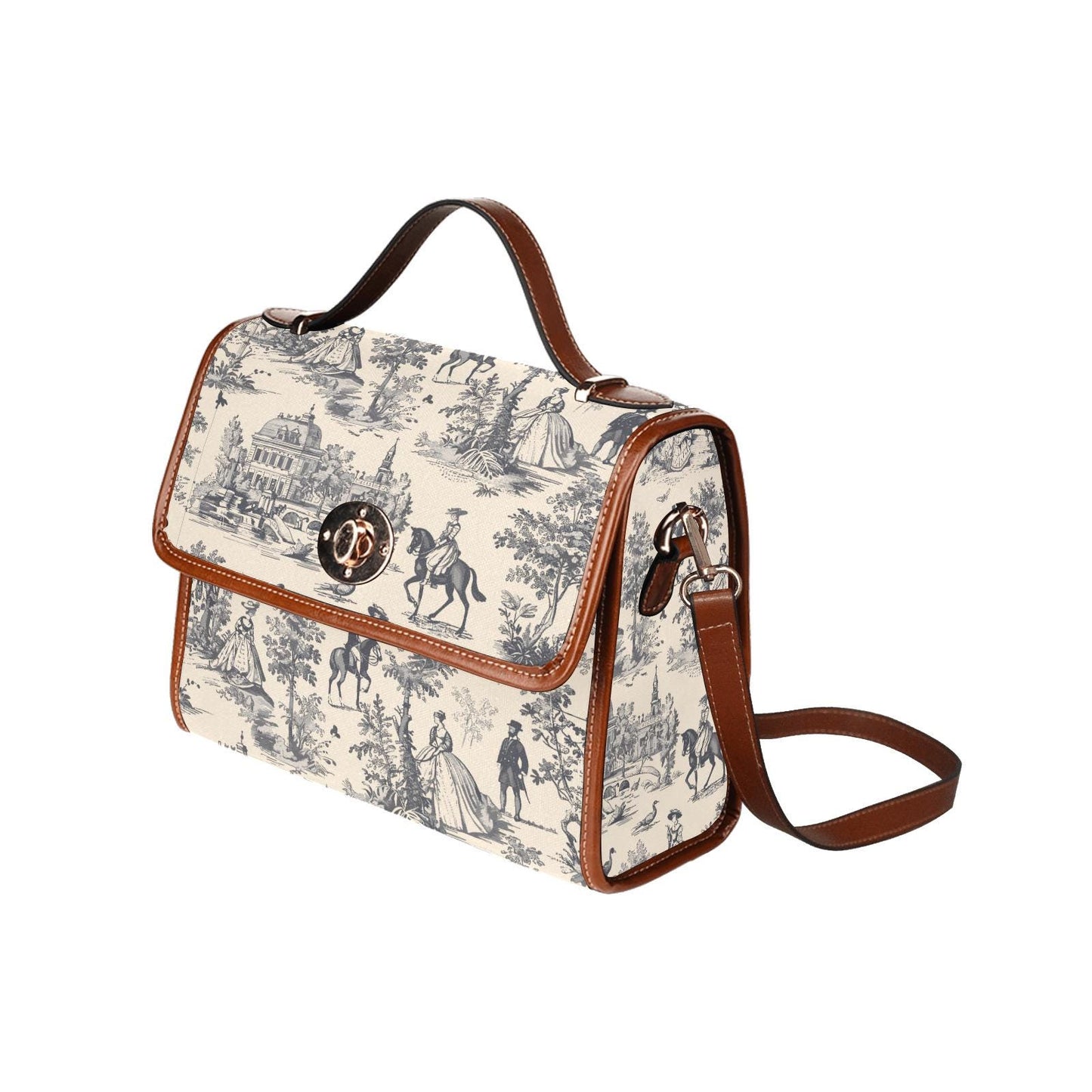 Toile de Jouy Canvas Crossbody Bag – Vintage Eggshell Black Handbag Waterproof