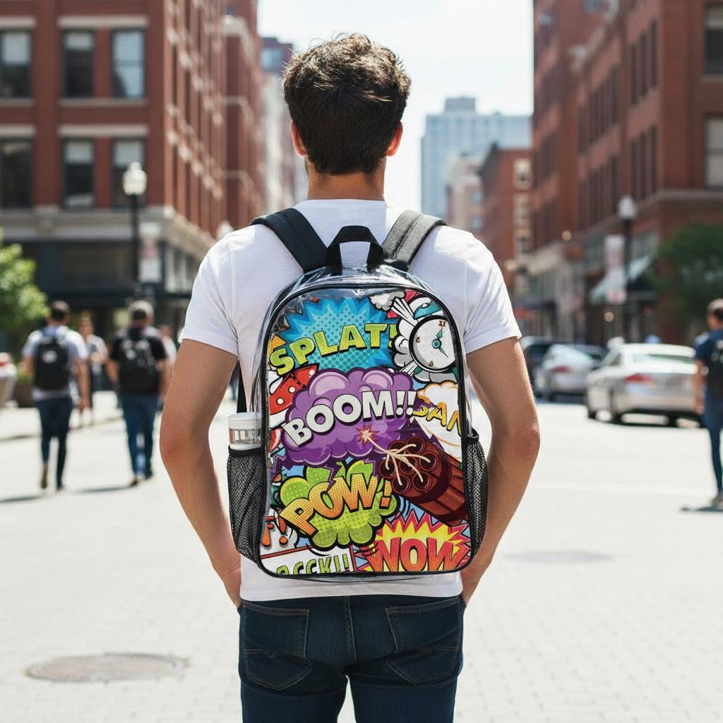 Comic Style School Travel Business Daypack - Clear PVC Backpack with Side Pockets