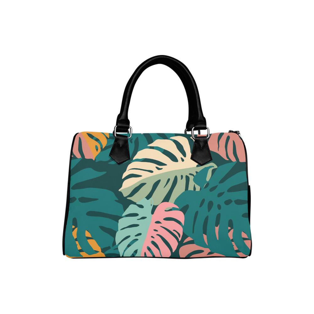 Retro Monstera Print Barrel Handbag – Black Green Pink Everyday Purse