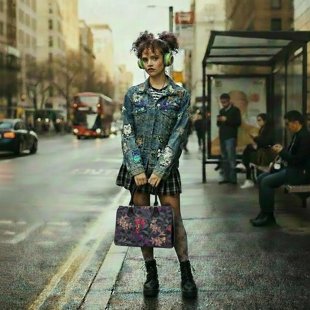 Dark Academia Night Flowers Barrel Handbag – Grunge Gothic Foral Bag
