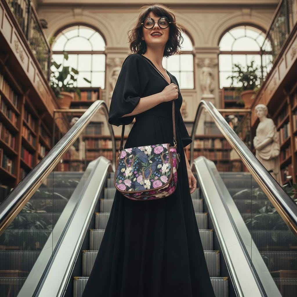 Dark Academia Black Raven Saddle Bag – Large Crossbody Oxford Fabric Vegan Handbag