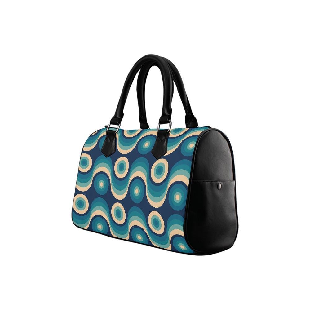 Retro 60s Wave Print Barrel Handbag – Black Blue Midcentury Everyday Purse