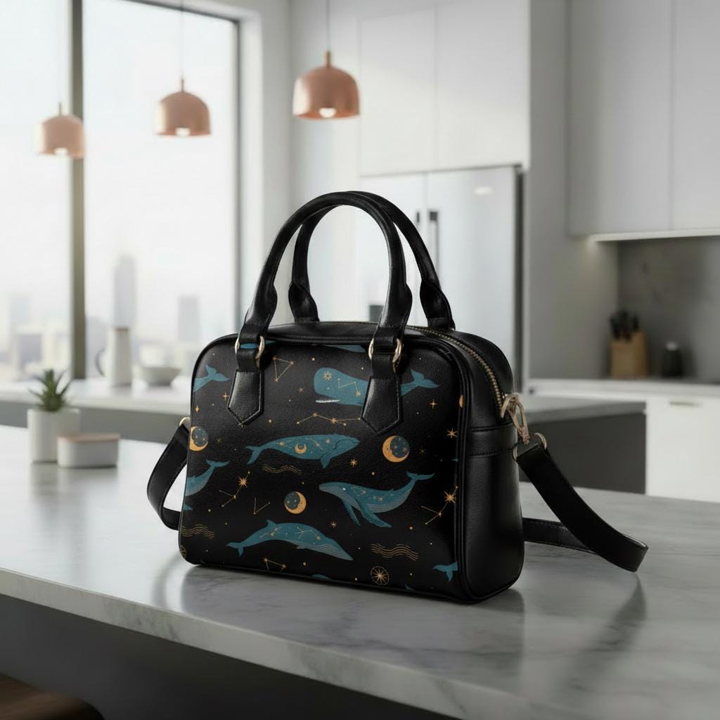 Whimsical Whale Moon Shoulder Handbag – Black Blue Fairycore Vegan Top Handle Bag