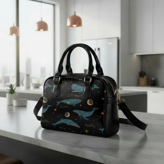 Whimsical Whale Moon Shoulder Handbag – Black Blue Fairycore Vegan Top Handle Bag