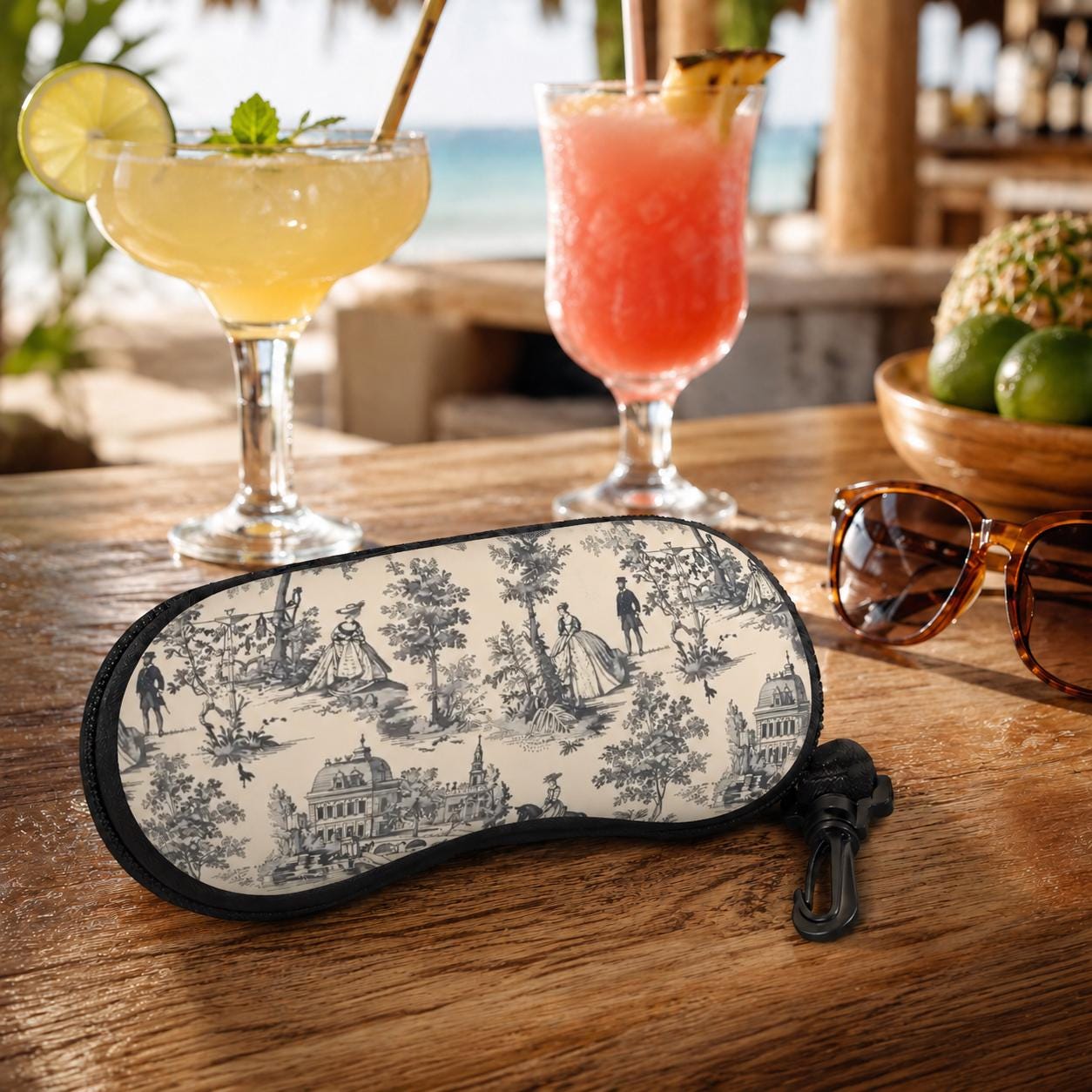 Toile de Jouy Eyeglasses Soft Case – French Vintage Sunglasses Zipper Pouch
