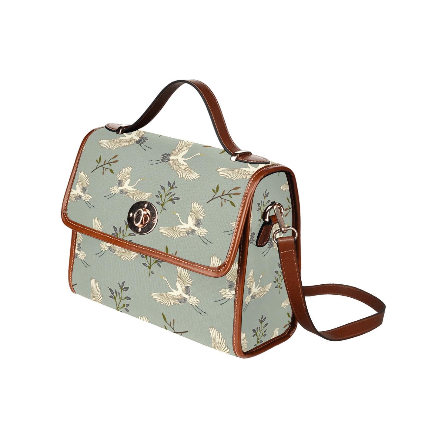 Cranes Canvas Crossbody Handbag – Vintage Gray Green Japandi Top Handle Bag