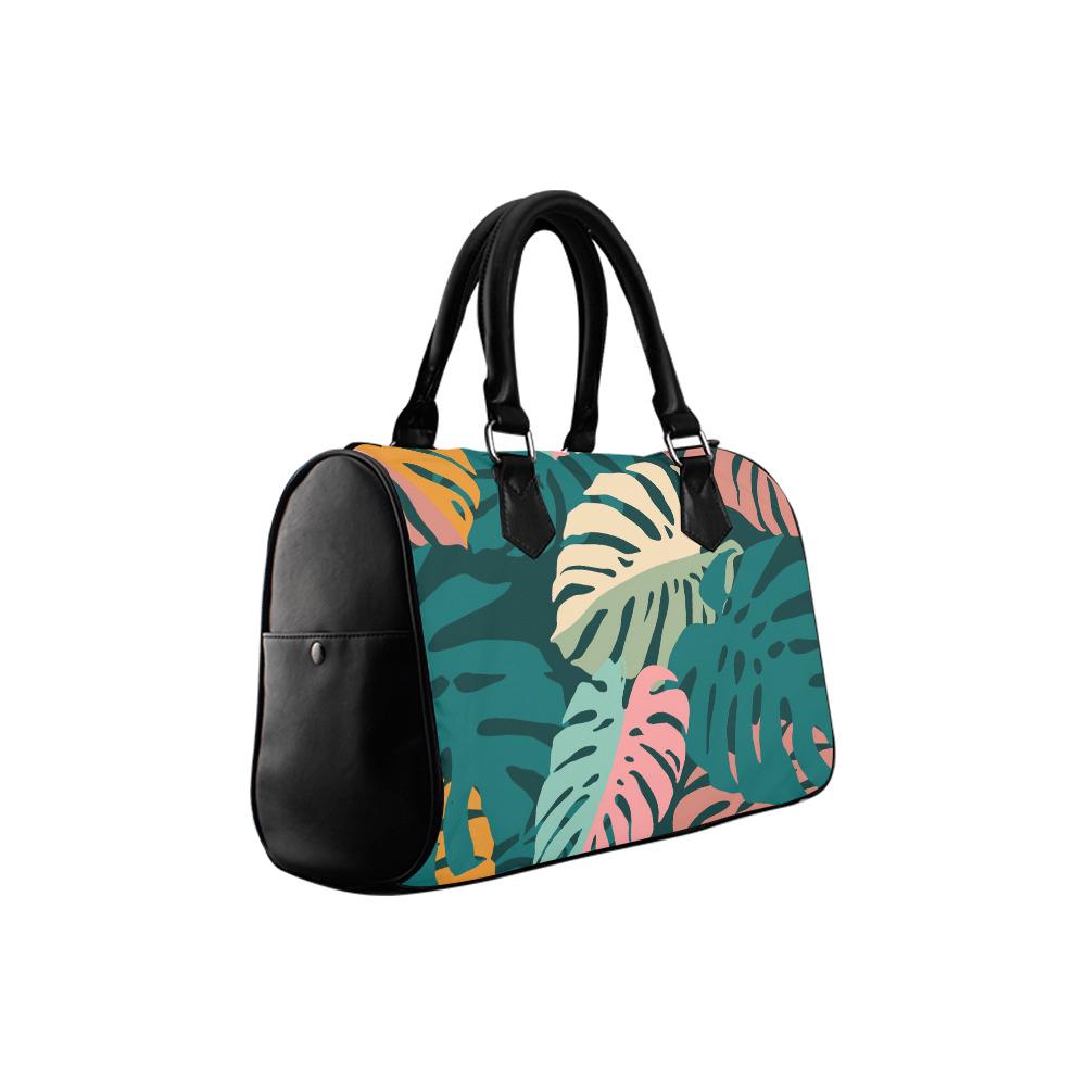 Retro Monstera Print Barrel Handbag – Black Green Pink Everyday Purse