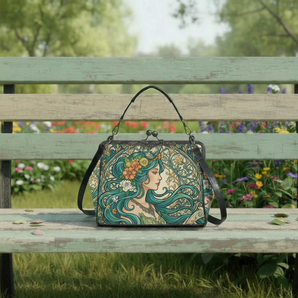 Art Nouveau Style Kisslock Crossbody Handbag - Vintage Romantic Bag