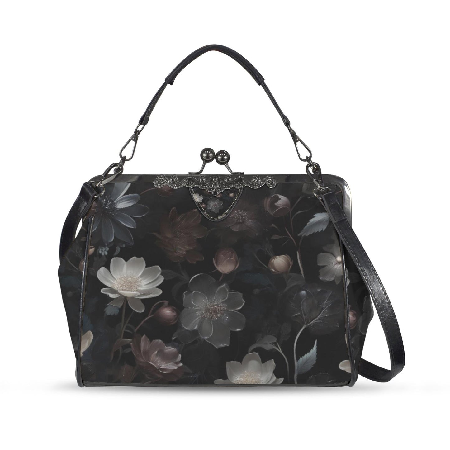 Dark Academia Floral Gothic Handbag - Fairycore Kisslock Crossbody Shoulder Bag