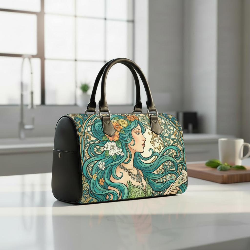 Art Nouveau Barrel Type Handbag – Green Black Romantic Bag