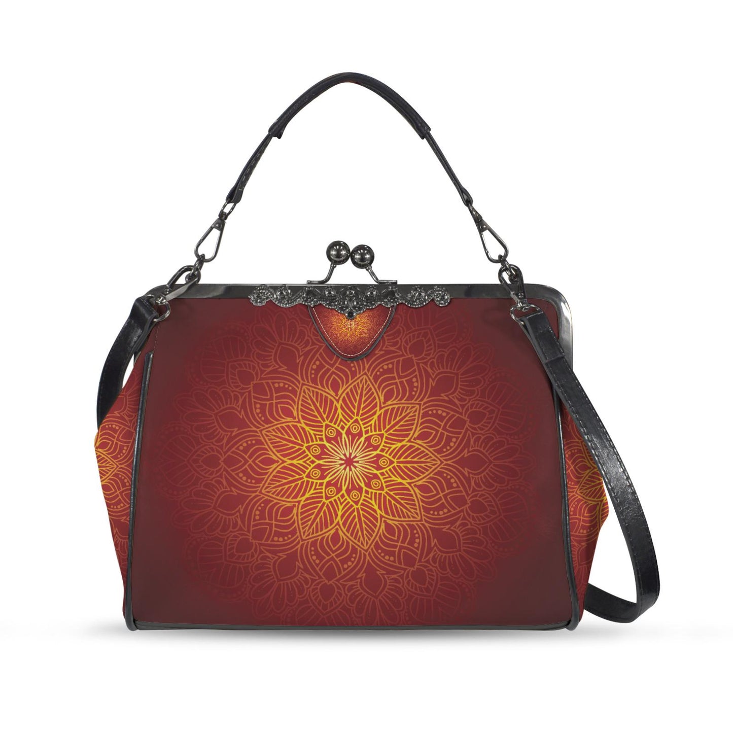 Black Red Orange Mandala Kisslock Handbag –  Meditation Asian Style Crossbody Bag