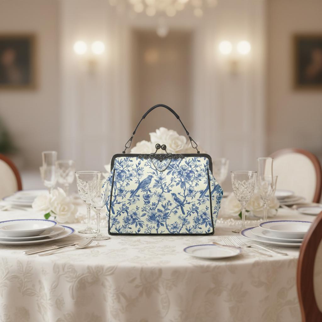 Toile de Jouy Vintage Kisslock Crossbody Bag – Victorian Handbag with Adjustable Strap