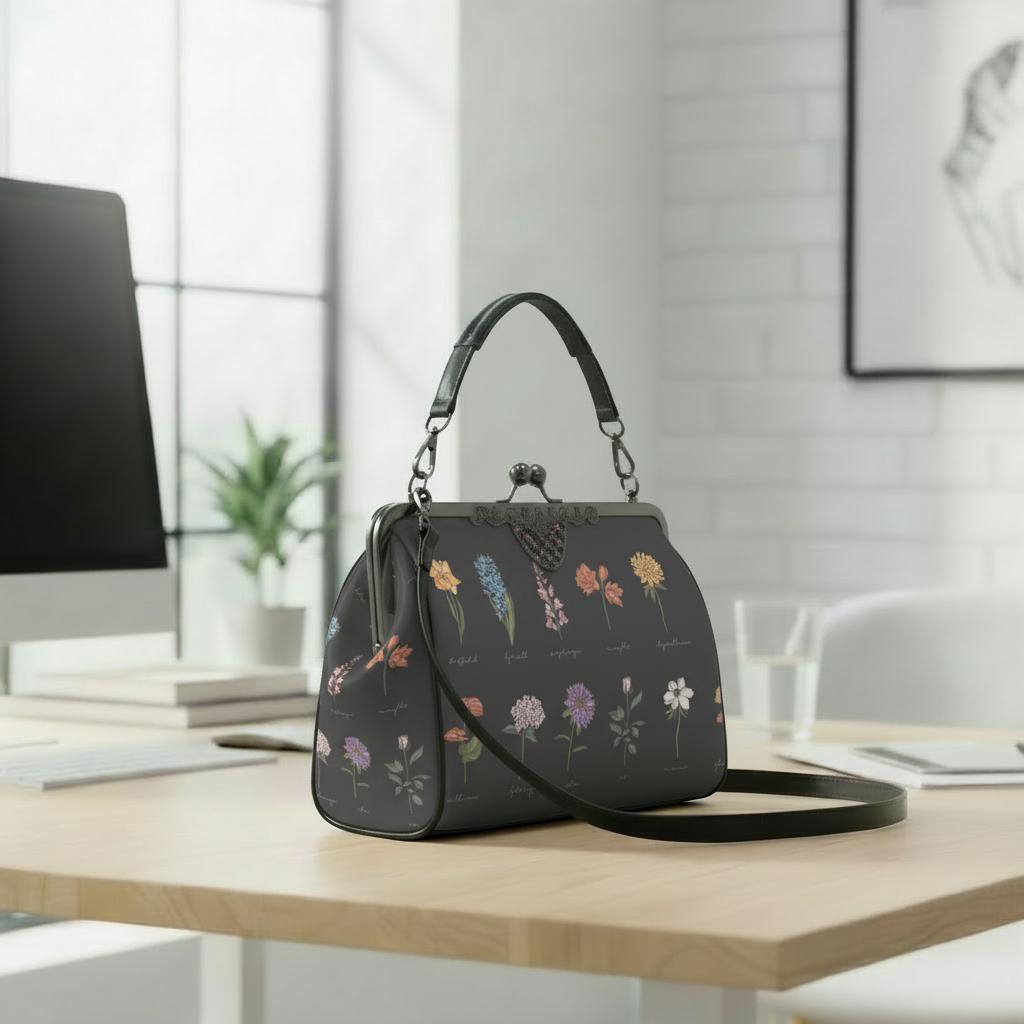 Black Floral Victorian Kisslock Crossbody Handbag - Dark Academia Gothic Bag