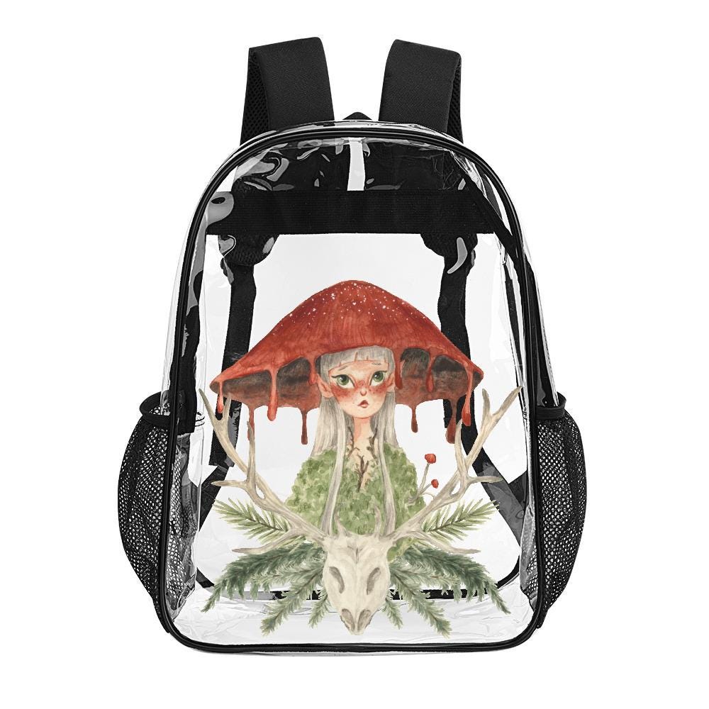 Fairycore Clear PVC Backpack, Mushroom Forest Daypack, Mesh Side Pockets