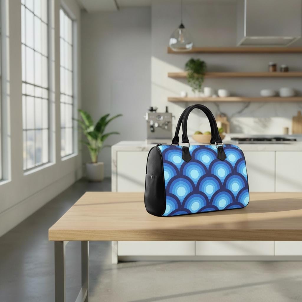 Retro 70s Peacock Eye Print Barrel Handbag – Blue Black Everyday Top Handle Purse