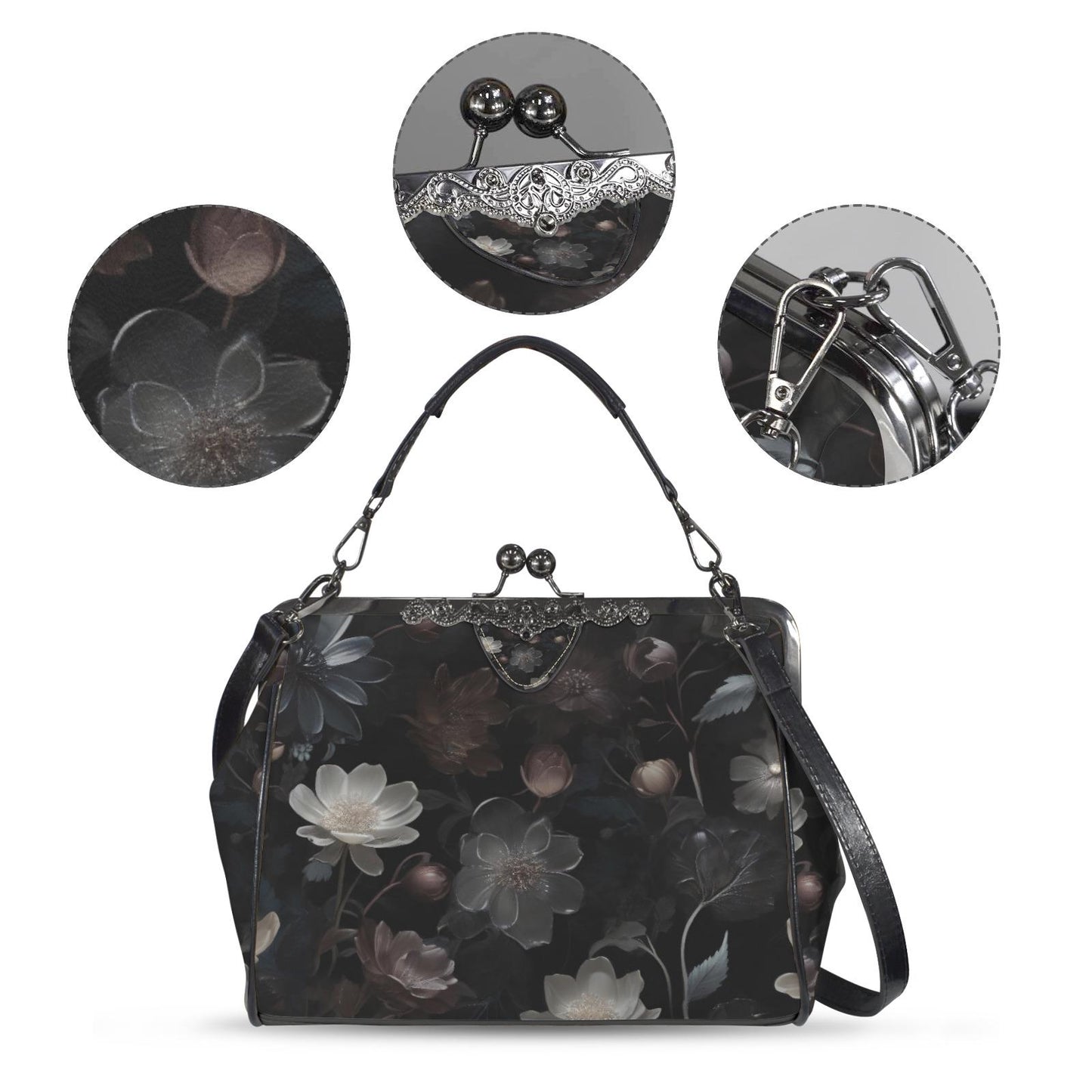 Dark Academia Floral Gothic Handbag - Fairycore Kisslock Crossbody Shoulder Bag