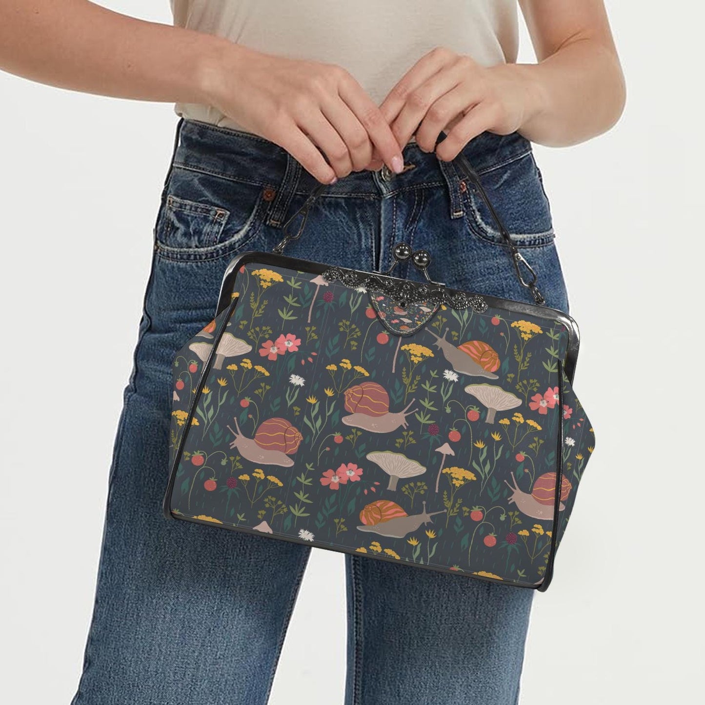 Dark Academia Snail Forest Vintage Kisslock Bag - Victorian Gothic Crossbody