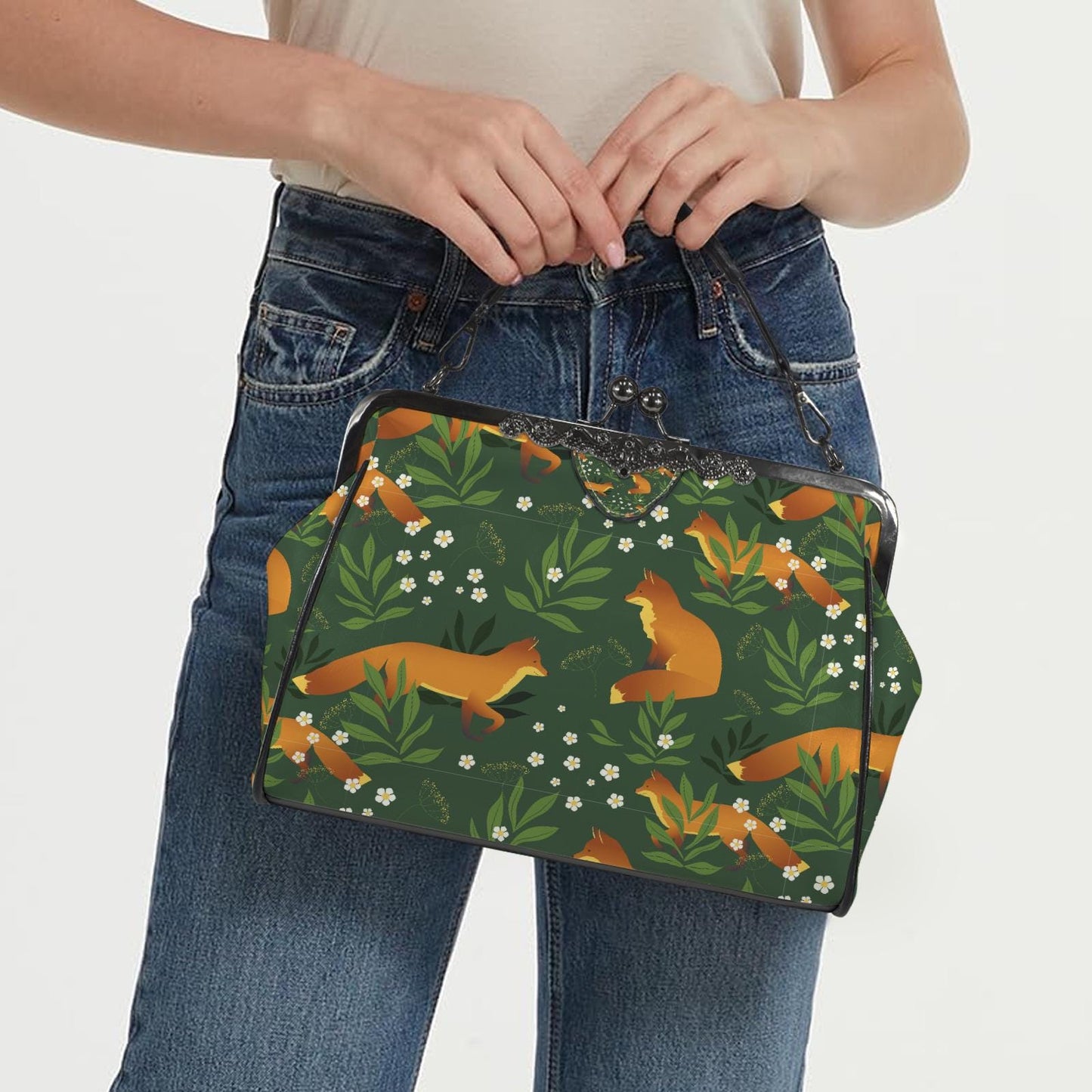 Green Orange Fox Vintage Kisslock Bag - Forest Crossbody Handbag