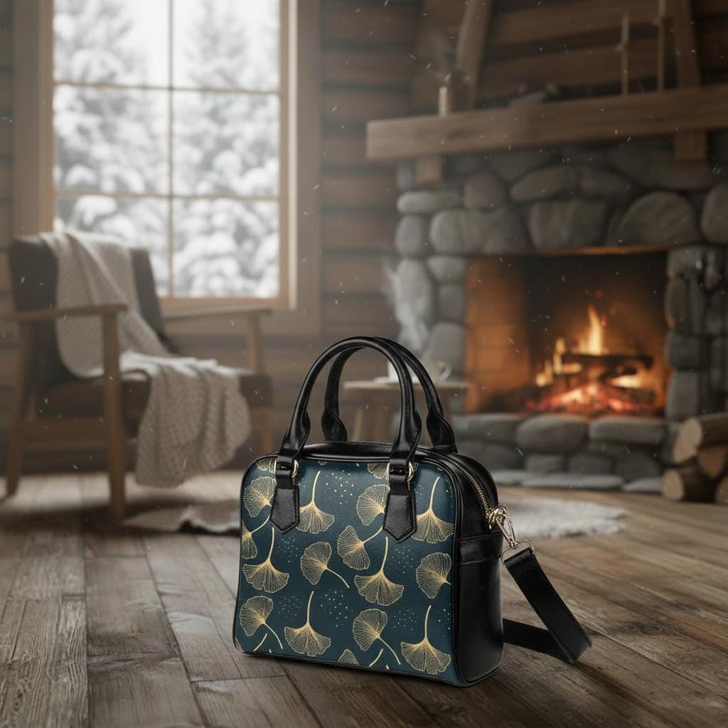 Black Gold Ginkgo Leaves Shoulder Handbag – Botanical Vegan PU Leather Handbag